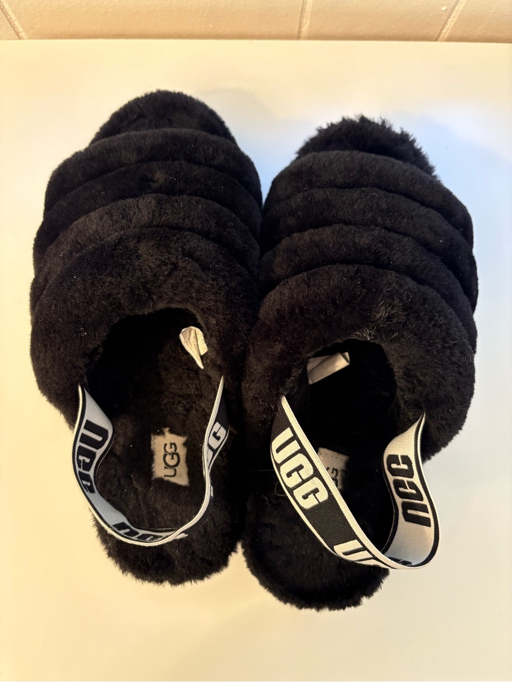 UGG Black Fluff Yeah Shearling Slide Sandals with Branded Sling
